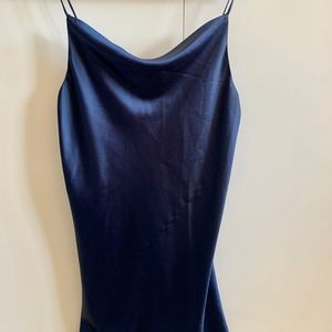 Blue cowl neck satin dress